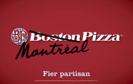 Boston Pizza rature son nom dans les pubs publiées dans les journaux, affichées sur des panneaux géants et même dans ses restaurants pour souligner son appui au Canadien de Montréal dans sa série contre les Bruins de Boston. Boston Pizza rature son nom dans les pubs publiées dans... (Photo fournie par Boston Pizza)