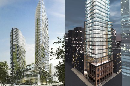 Face-à-face en hauteur au square Victoria Coups d'oeil sur l'Univers et le Victoire, des... (Montage lapresse.ca)