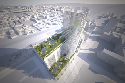 Deux tours reliées par des jardins suspendus De vastes jardins seront aménagés au-dessus des deux... (Illustration fournie par Arcop2xm)