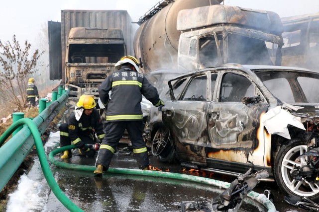 China Deadly Pileup Firefighters work to put out fires in vehicles... (AP)