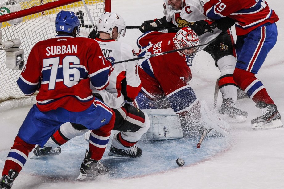 Mêlée devant le filet du gardien du Canadien... (Photo Olivier Pontbriand, La Presse)