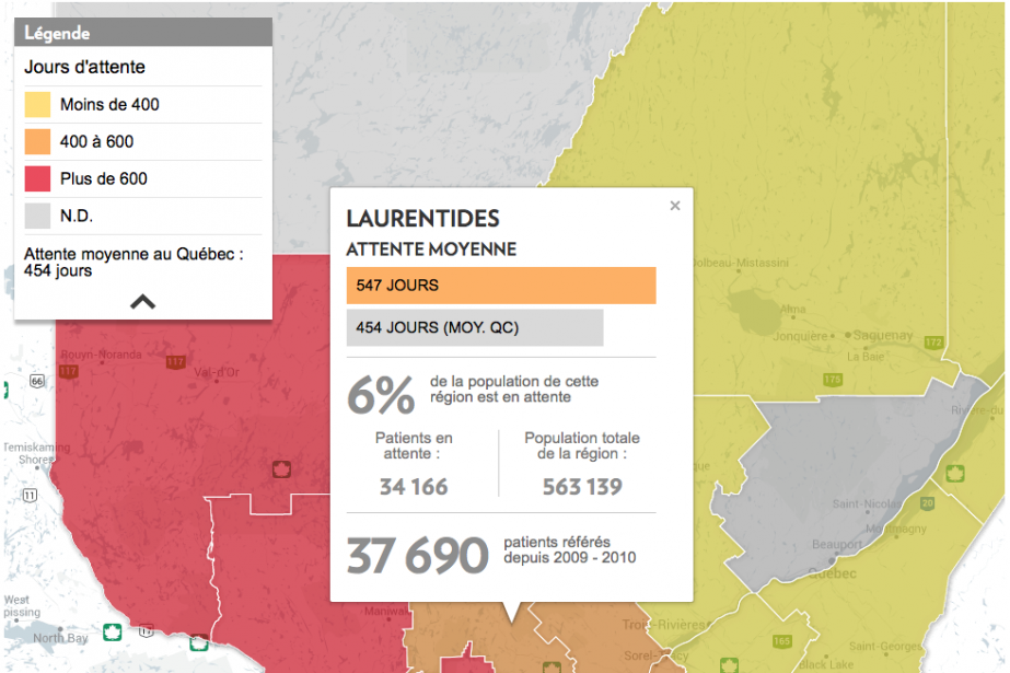 Les Québécois attendent en moyenne 454 jours sur... (CAPTURE D'ÉCRAN DE NOTRE CARTE INTERACTIVE)