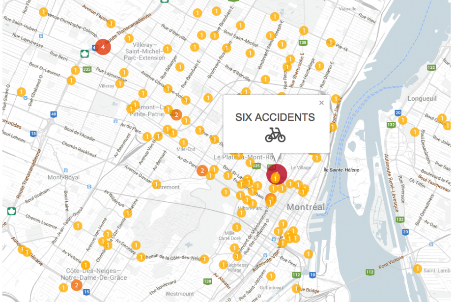 Carte des accidents impliquant des vélos dans la... (CAPTURE D'ÉCRAN DE NOTRE CARTE INTERACTIVE)